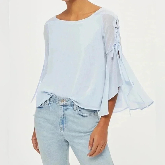 Topshop Eyelet Lace Up Fluted Sleeves Sheer Blouse Top Light Blue Size Small - Picture 1 of 16